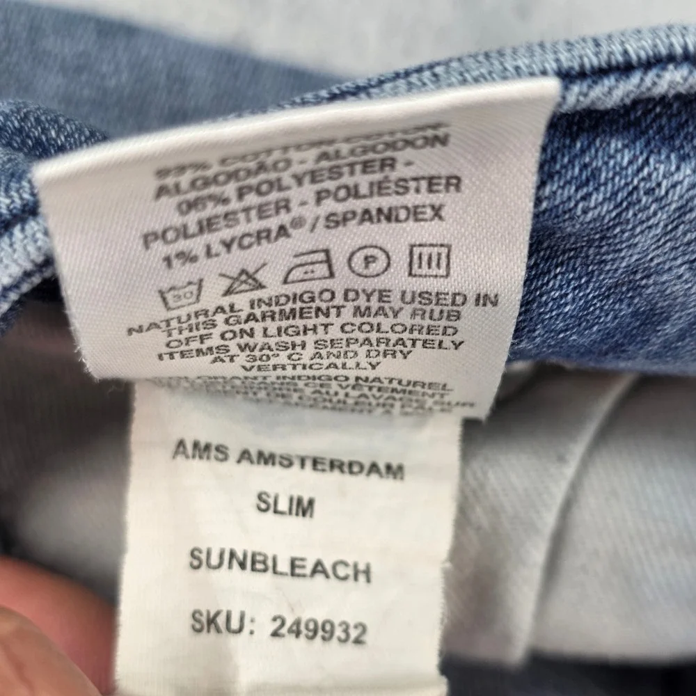 Warp + Weft AMS Amsterdam Slim Jeans Mens‎ 33x32 Sunbleach Blue Stretch Denim